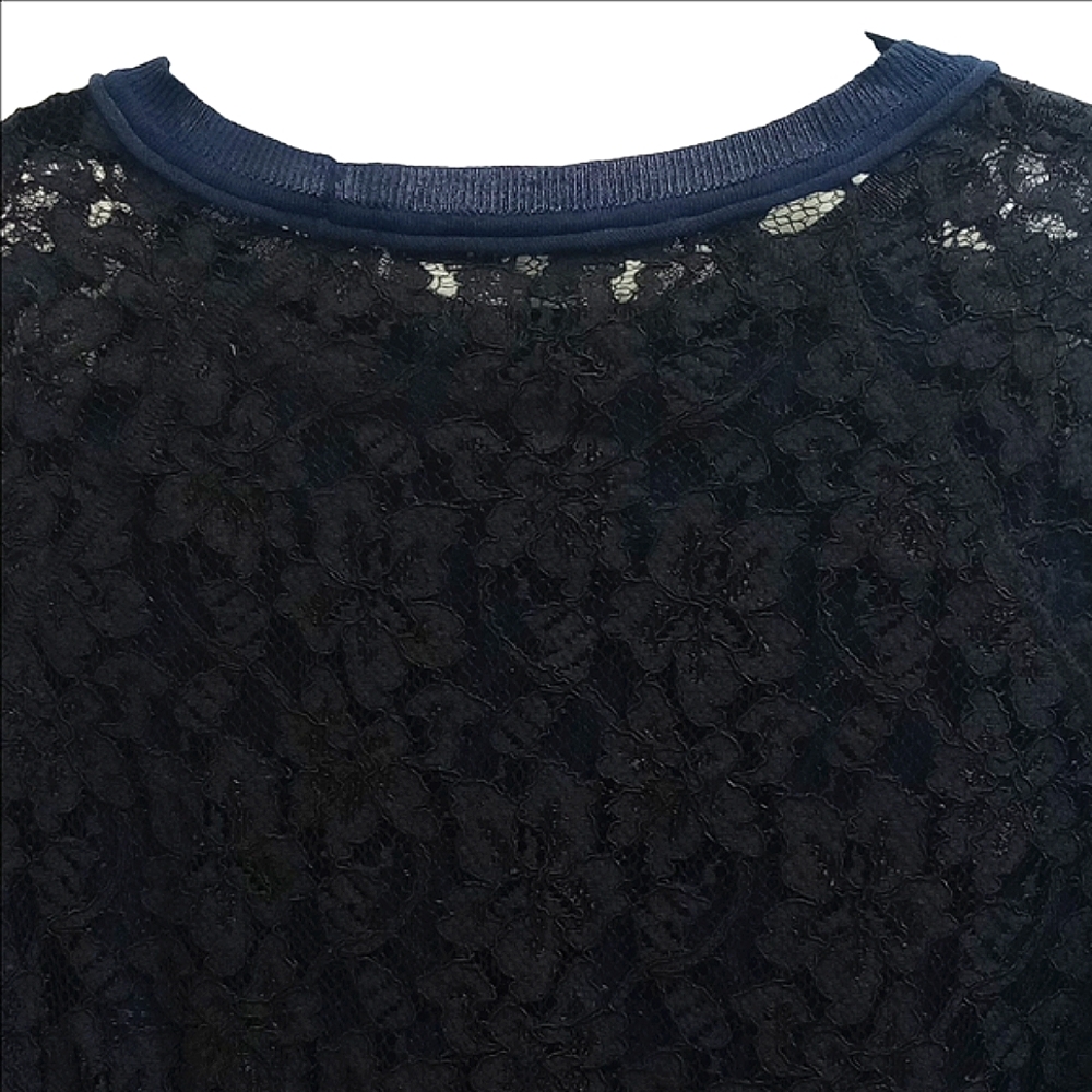 🆕 DIANE VON FURSTENBERG NAVY LONG SLEEVE SWEATER WITH BLACK LACE SLEEVES - Picture 7 of 13